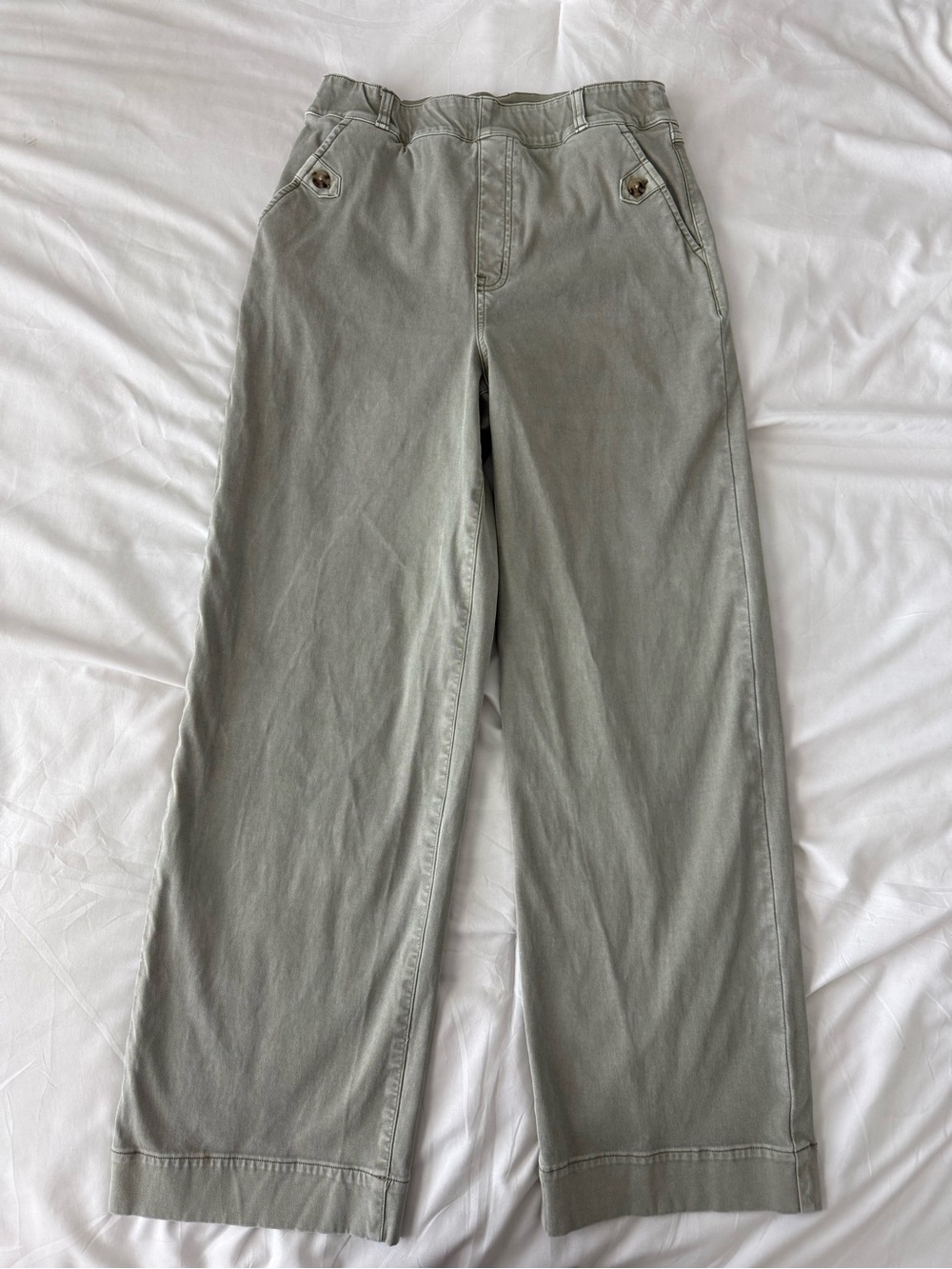 Spanx Wide Leg Pants Medium Olive Green Stretch Twill Crop High Rise